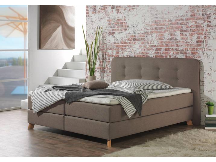 Boxspringbett, Beige, 162x210 cm, Struktur Fein (100% Polyester), Knopfheftung, Klassisch, Home-affaire
