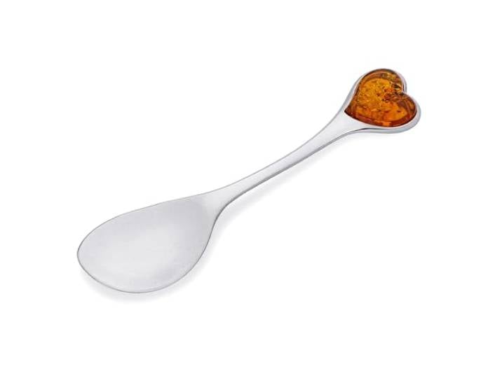 AMBEDORA Löffel Größe L, Sterling Silber Poliert Baltischer Bernstein Herz Großer Silberlöffel mit Bernstein Herz, Geschenk für Taufe Hochzeitstag Geburtstag Jubiläum