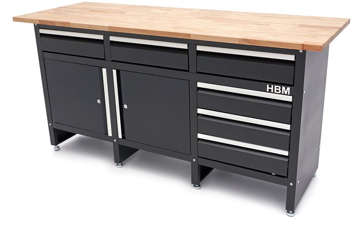 HBM Werkbank 171 cm mit 6 Schubladen und 2 Türen, massive Holzarbeitsplatte, schwarz