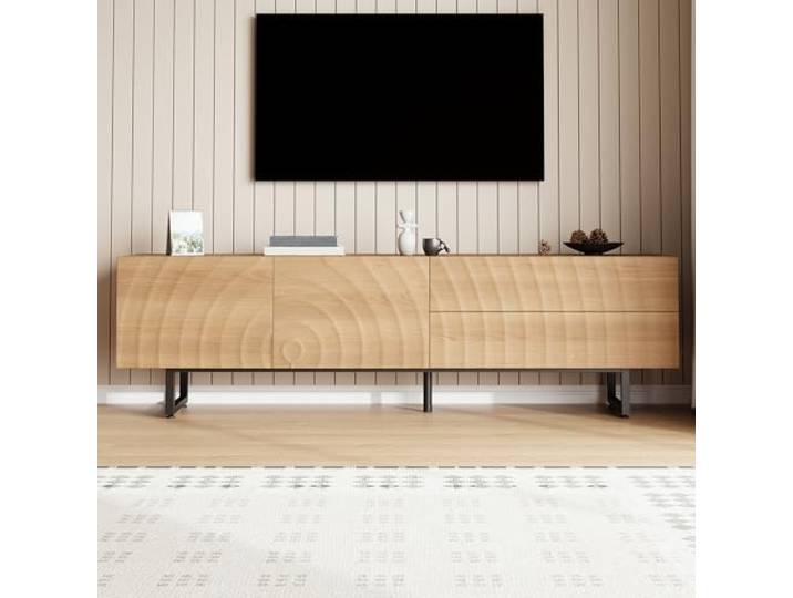 Merax TV-Schrank 180 cm,Lowboard mit 3D-Holzstruktur, TV-Ständer Wohnzimmer, griffloses Design, Schrank & Schubladen, 180 L x38 B x 51,5 H(cm) - Holzfarbe