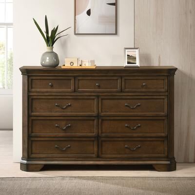 Dovelina "59.5""W Maderne Traditional Wood 9-Drawer Dresser Storage Cabinet Antique Walnut Finish"