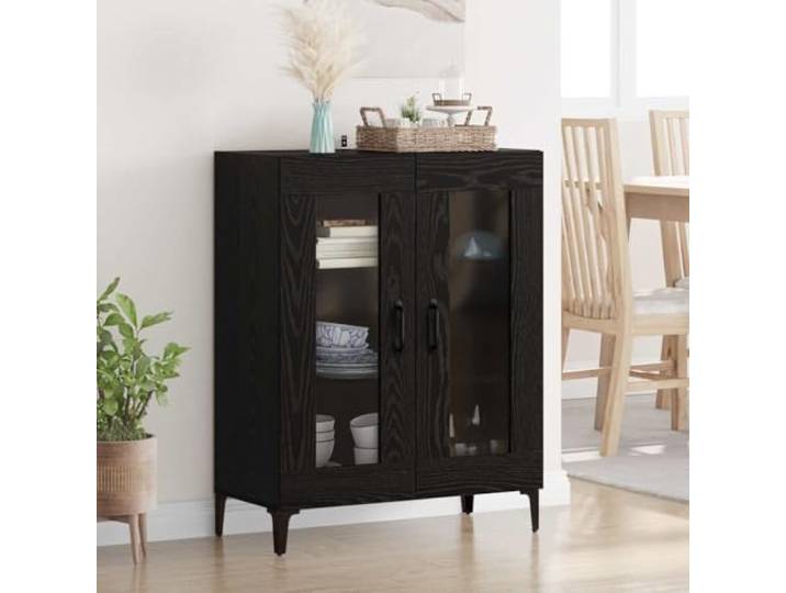 RJPLMFV Anrichte Eiche Schwarz 69,5 x 34 x 90 cm Holz Ingenieurskunst Eisen Glastür, Regale, Holzregale, schwarze Griffe matt, Pfeilfüße, Wohnzimmer, Esszimmer