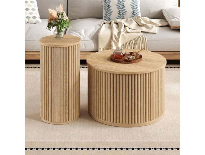 VUENOR Table basse ronde lot de 2 60x60x38 5/30x30x56 cm MDF naturel modulable