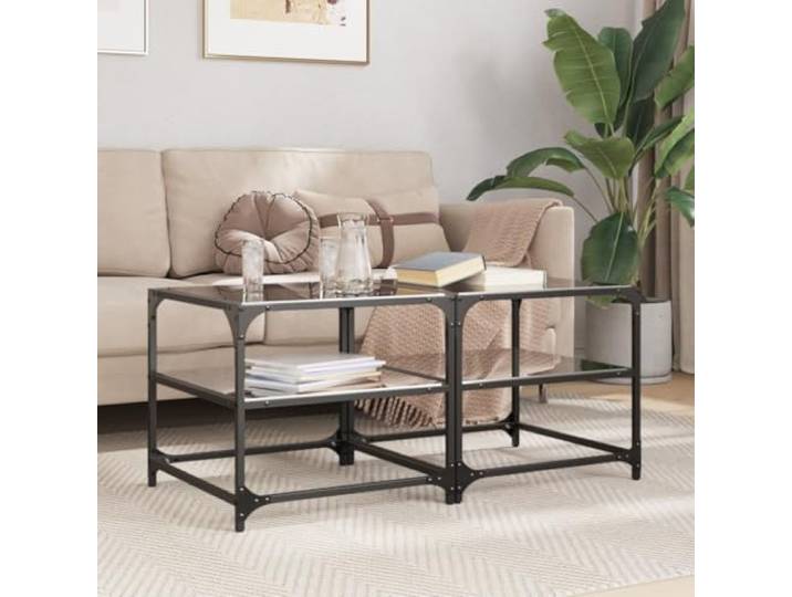 HEFZGDB Couchtische mit Glasplatten 2 STK. Schwarz 50x50x45 cm Stahl, Elegante Beistelltische für Wohnzimmer, Robuste Edelstahlkonstruktion, Langlebiger Holzwerkstoff,