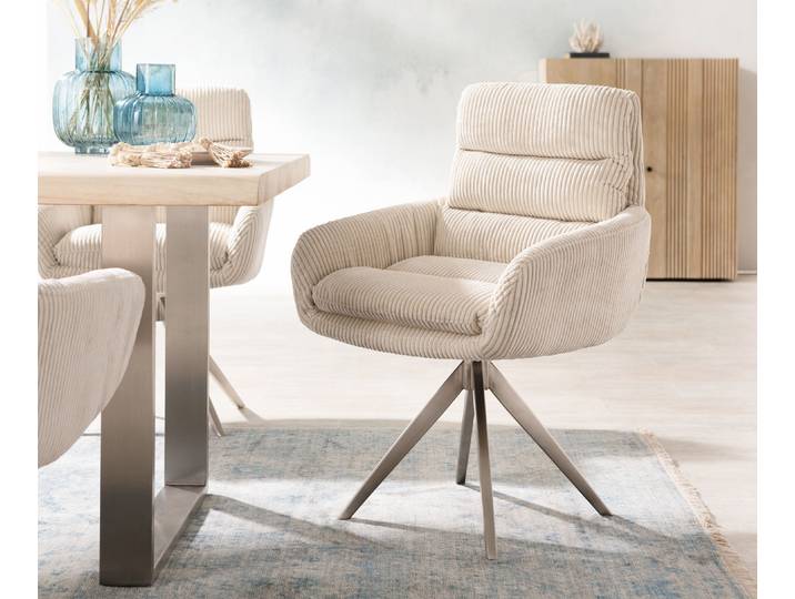 Esszimmerstuhl Abelia-Flex mit Armlehnen Cord Beige Kreuzgestell kantig Edelstahl, Esszimmerstühle
