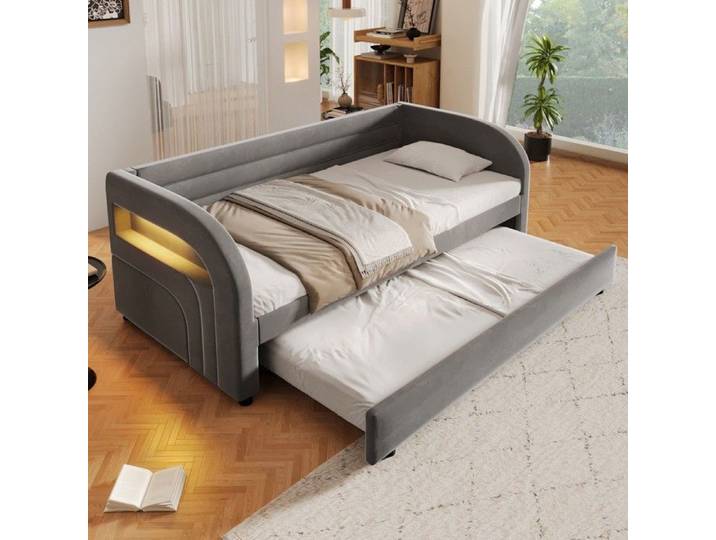 Lit plateforme rembourré - PAGE LIVING - 90x200 - Lit gigogne escamotable - Bande LED multicolore - Gris