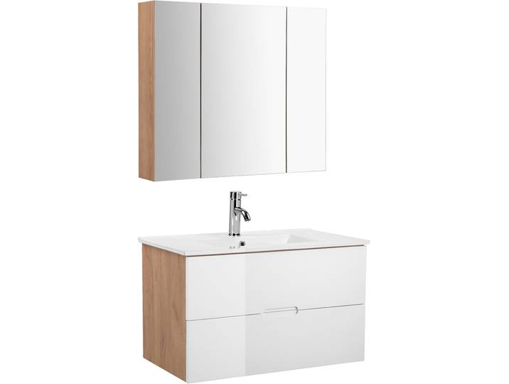 Badmöbel-Set WELLTIME Lund Badmöbel Set Badschrank Badezimmerset , weiss (eiche, weiß), MDF, Kastenmöbel-Sets, Badmöbel-Set, Waschtisch, Spiegelschrank und Becken Breite 80cm