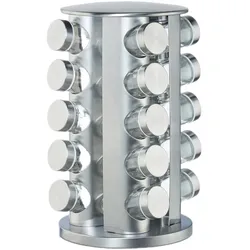Relaxdays Gewürzkarussell mit 20 Gewürzgläsern, 360° drehbar, Gewürzdosen zum Streuen, 34,5 cm hoch, Edelstahl, silber