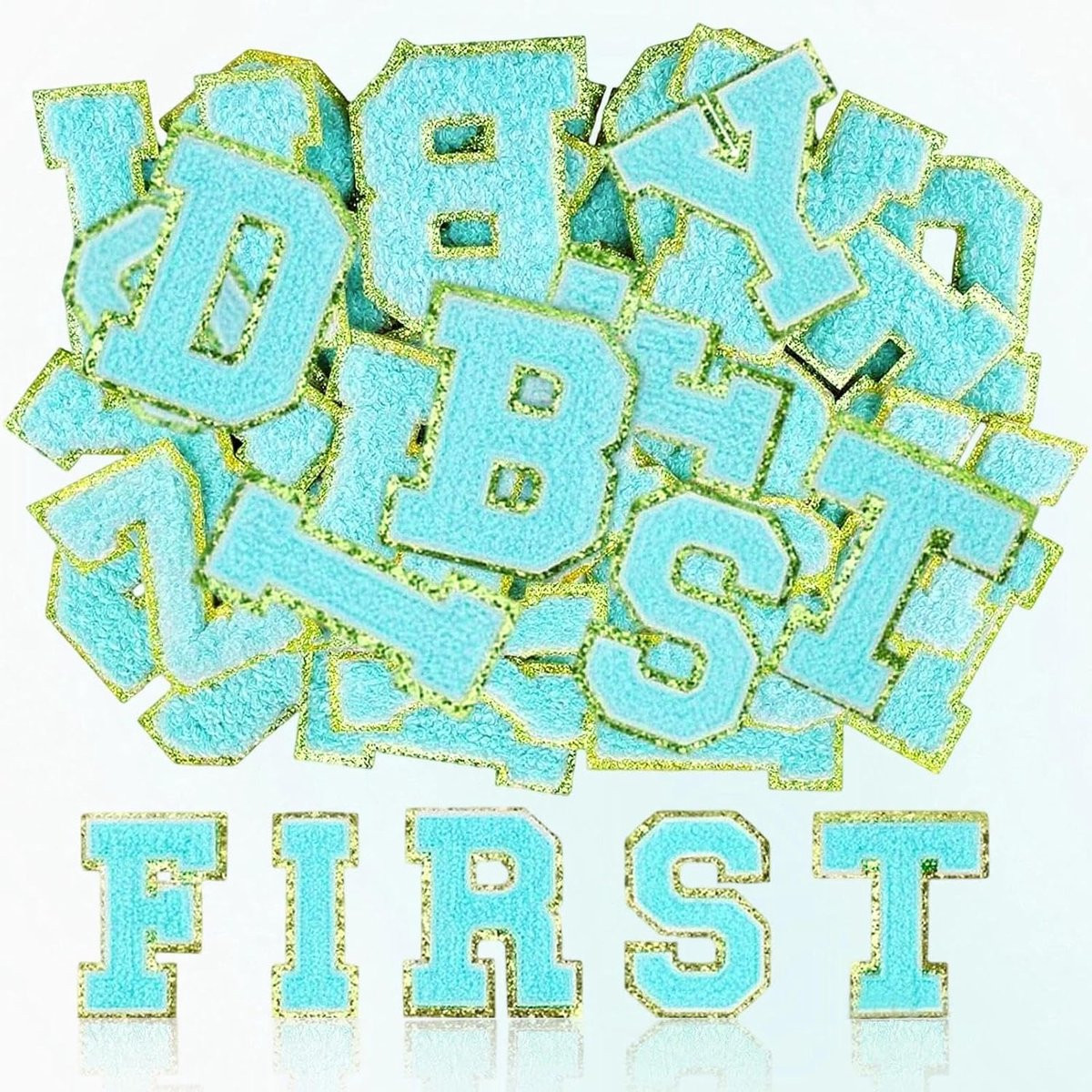Set van 26 blauwe zelfklevende soft textile letter patches voor hoeden en kleding