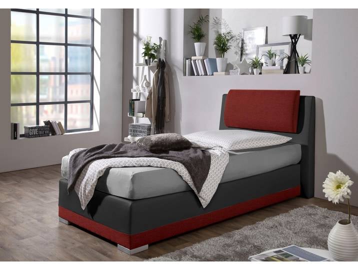 Boxspringbett, Strukturstoff, Rot & Schwarz, 112×212 cm, Verstellbare Kopfstütze, Maintal