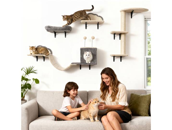 Arbre à chat mural, livré avec une structure d'escalade en sisal, des poteaux à gratter, un nid pour chat et une passerelle pour chat. Cet ensemble de meubles pour chat de couleur beige convient à 1 à