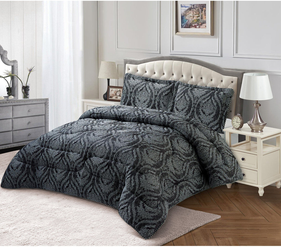 Textile Home Bridal Jacquard Bedspread With Pillow Sham Floral Printed Coverlet, Decorative Luxury All-Season Bedding Black Double Bedspread