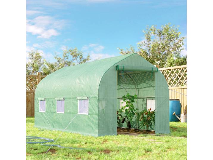 Outsunny Serre tunnel de jardin 8m², serre de jardin tunnel avec 1 porte et 6 fenêtres, bâche PE 140g/m² 400x200x200cm vert