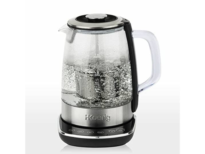 H.Koenig Instant T Teekanne Elektrischer Glas-Wasserkocher 1.5L TI600 mit Edelstahl-Teefilter 2200W Kompakt, Schnellkochtopf, Regulierbarer Thermostat 70° bis 100°C, Warmhalten, 2Deckel