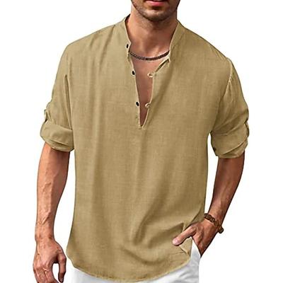 Herren Hemd Hemd aus Baumwollleinen Hemd mit chinesischem Kragen Hemd mit Stehkragen Popover-Shirt Sommerhemd Glatt Urlaub Casual Schwarz Weiß Blau Braun Langarm Henley Frühling Sommer Bekleidung