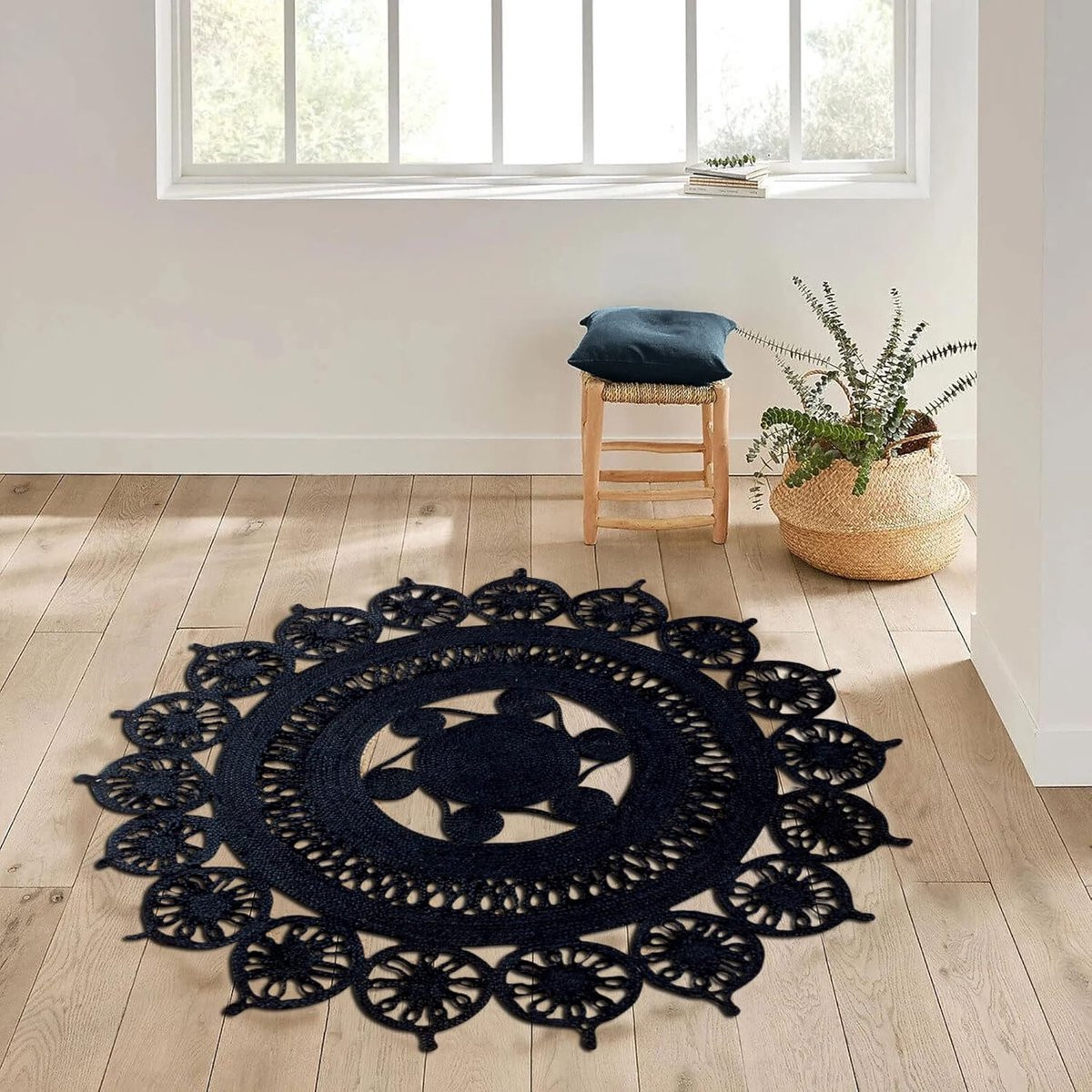 Handgeweven Jute Vloerkleed Zwart - Vierkant - Landelijke Stijl - 150 x 150 cm