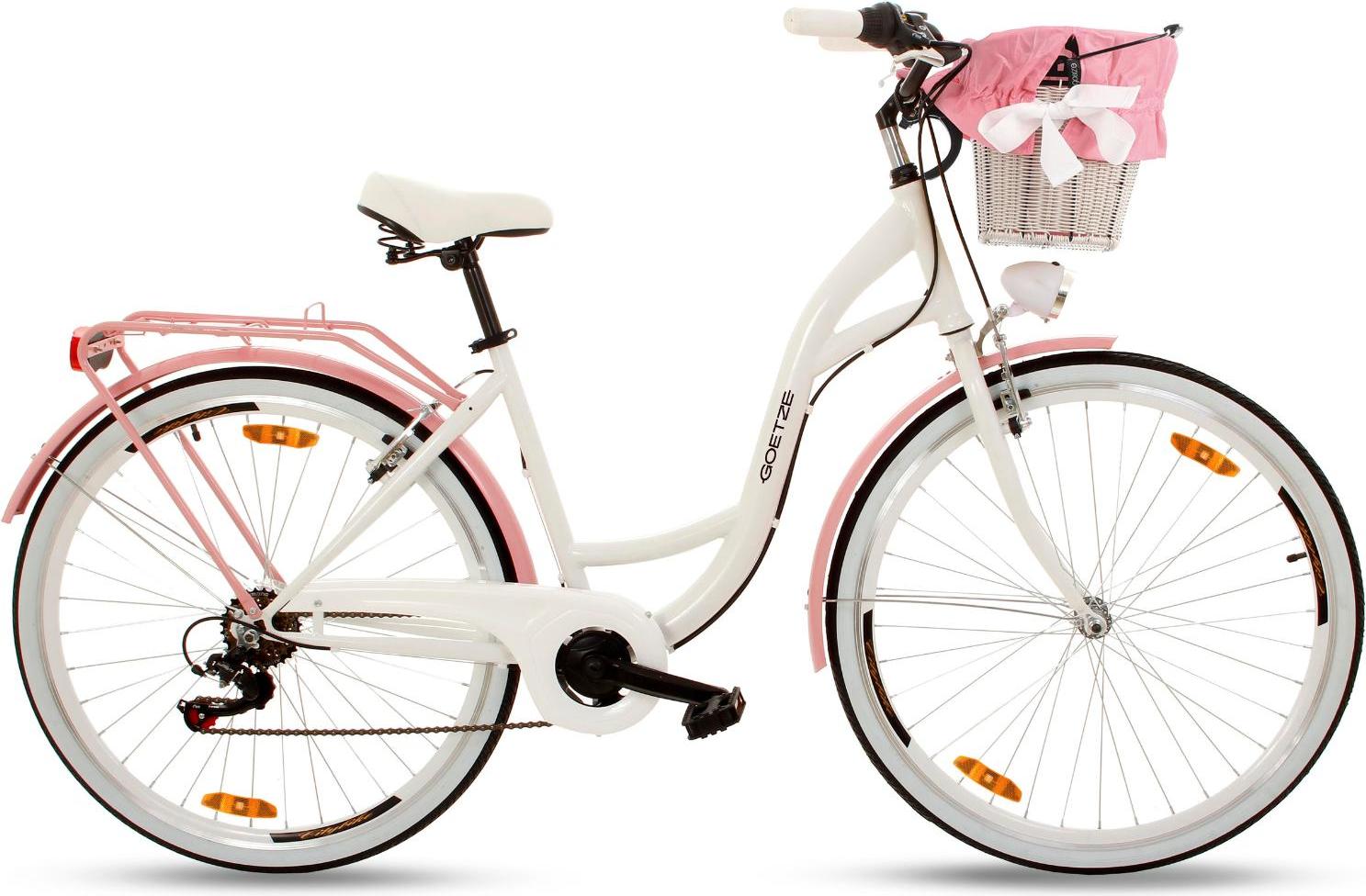 Goetze Mood 28 Zoll City Bike, 18 Zoll Tiefeinsteigerrahmen, 7-Gang Shimano Tourney, V-Bremse, LED-Beleuchtung, Komfortsattel, Rattankorb