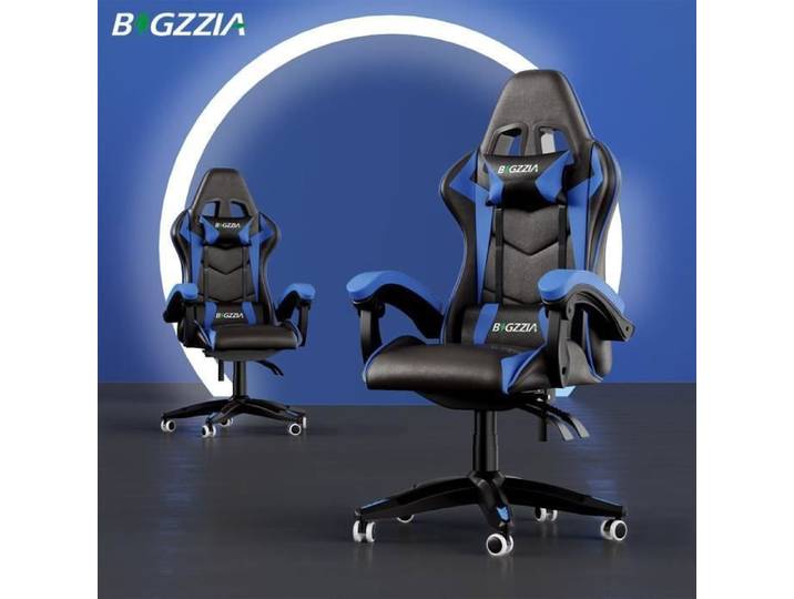 BIGZZIA Fauteuil de Bureau - Chaise Gaming - Siège de Bureau Réglable Gaming Racing - avec coussin et dossier inclinable Bleu