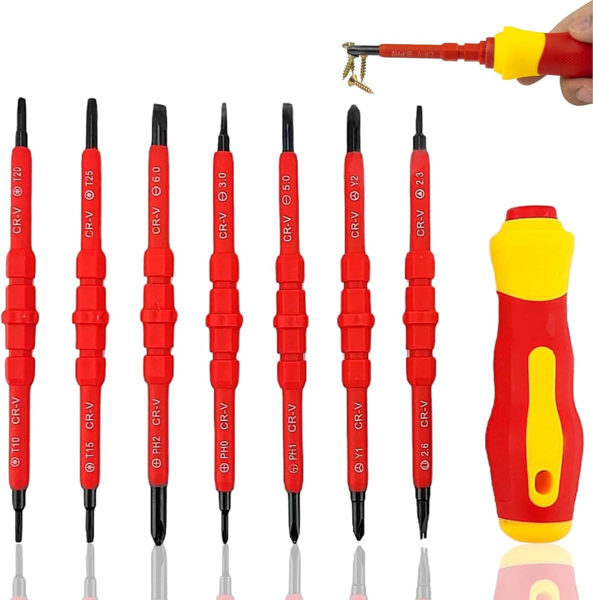 Belle's 14-in-1 magnetische en geïsoleerde schroevendraaierset met verwisselbare bits in het rood