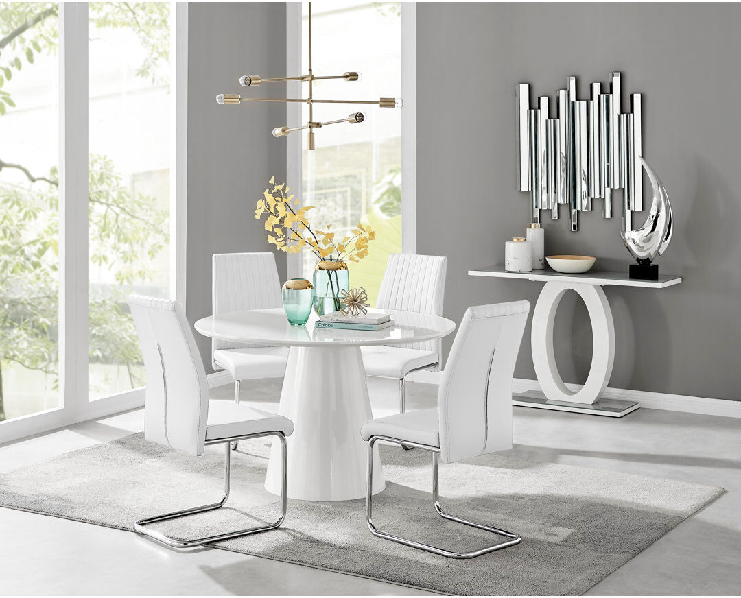 Canora Grey Edzard Statement Pedestal Round Dining Table Set & 4 Luxury Faux Leather Dining Chairs White/White 4