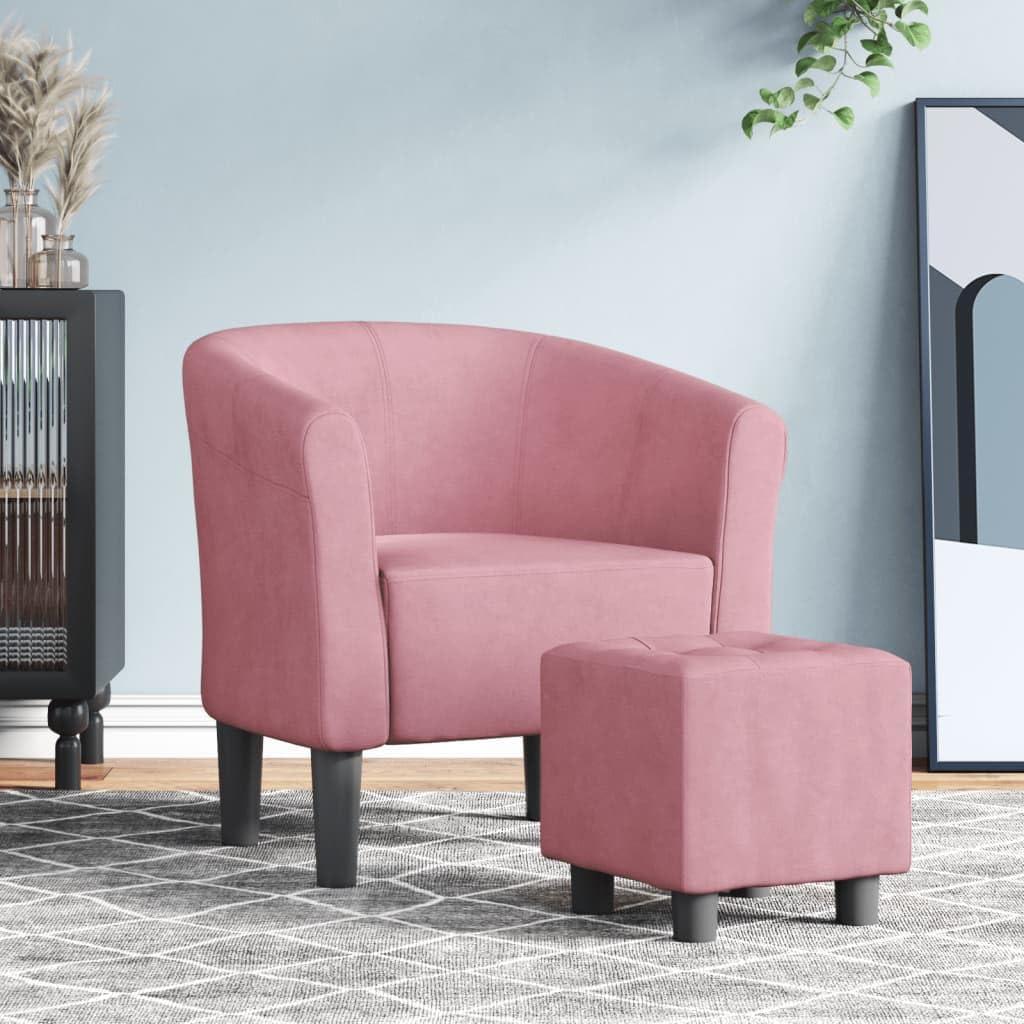 Rosa Clubsessel mit Fußhocker aus Samt