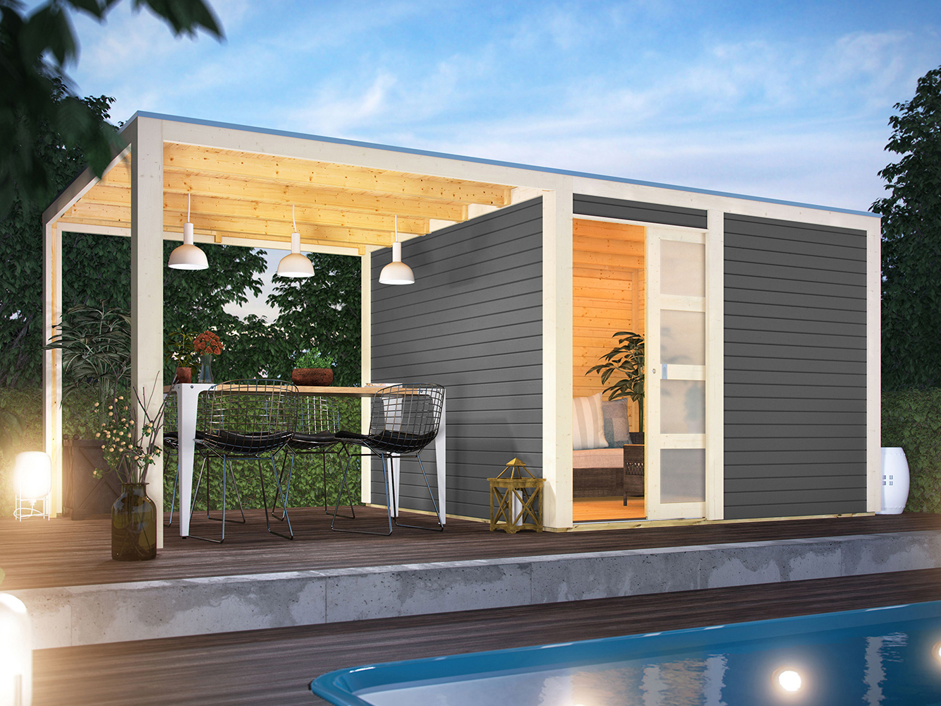 Karibu Gartenhaus Gerätehaus Qubic 2 im Set mit Anbaudach terragrau 542,5x276x214 cm