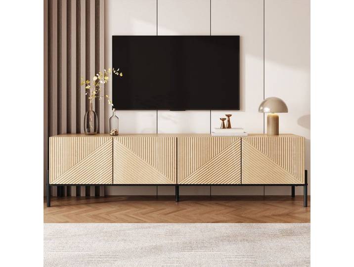 Meuble TV Lowboard Moderne 4 portes design géométrique + texture 3D mobilier de salon élégant et fonctionnel