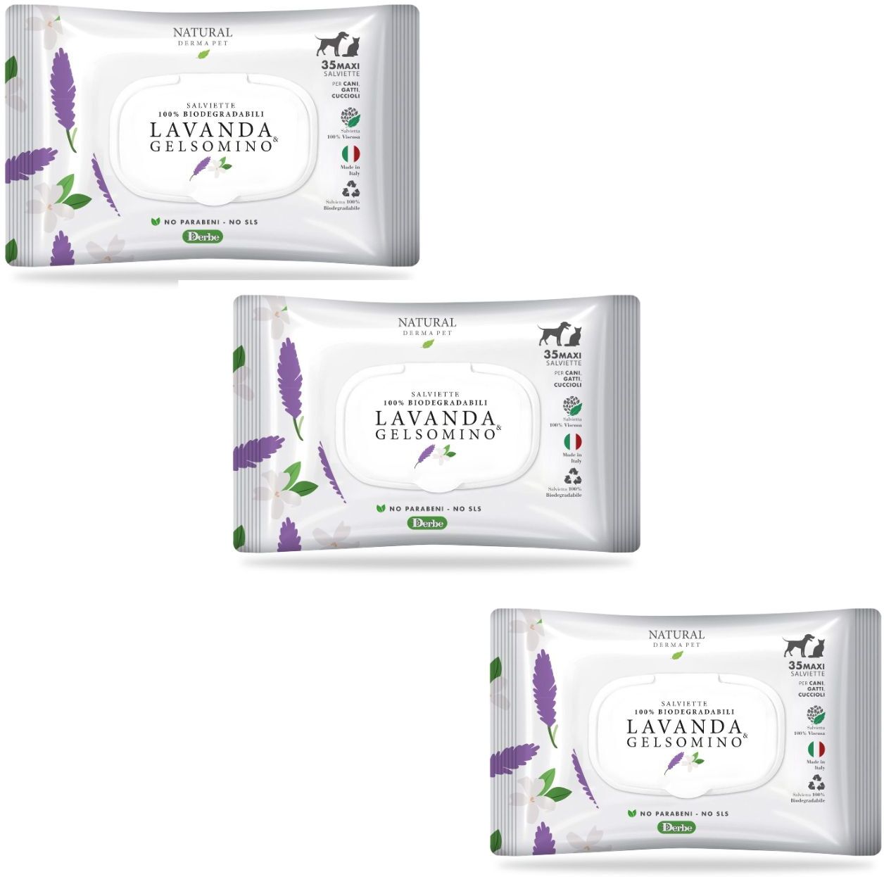 Derbe Natural Derma Pet by Salviette Lavanda e Gelsomino per Cani Gatti e Cuccioli 3 Pz
