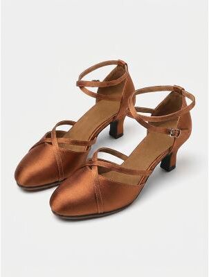 LightInthebox Women's 1920s Gatsby Brown Satin Heels - Vintage Flapper Style Mary Jane Dance Shoes with Cross Ankle Strap for Roaring 20s Parties, Jazz Swing Ballroom Retro Galas