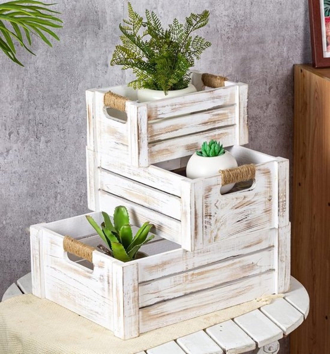Set van 3 rustieke houten opbergkisten met handgrepen voor decoratie