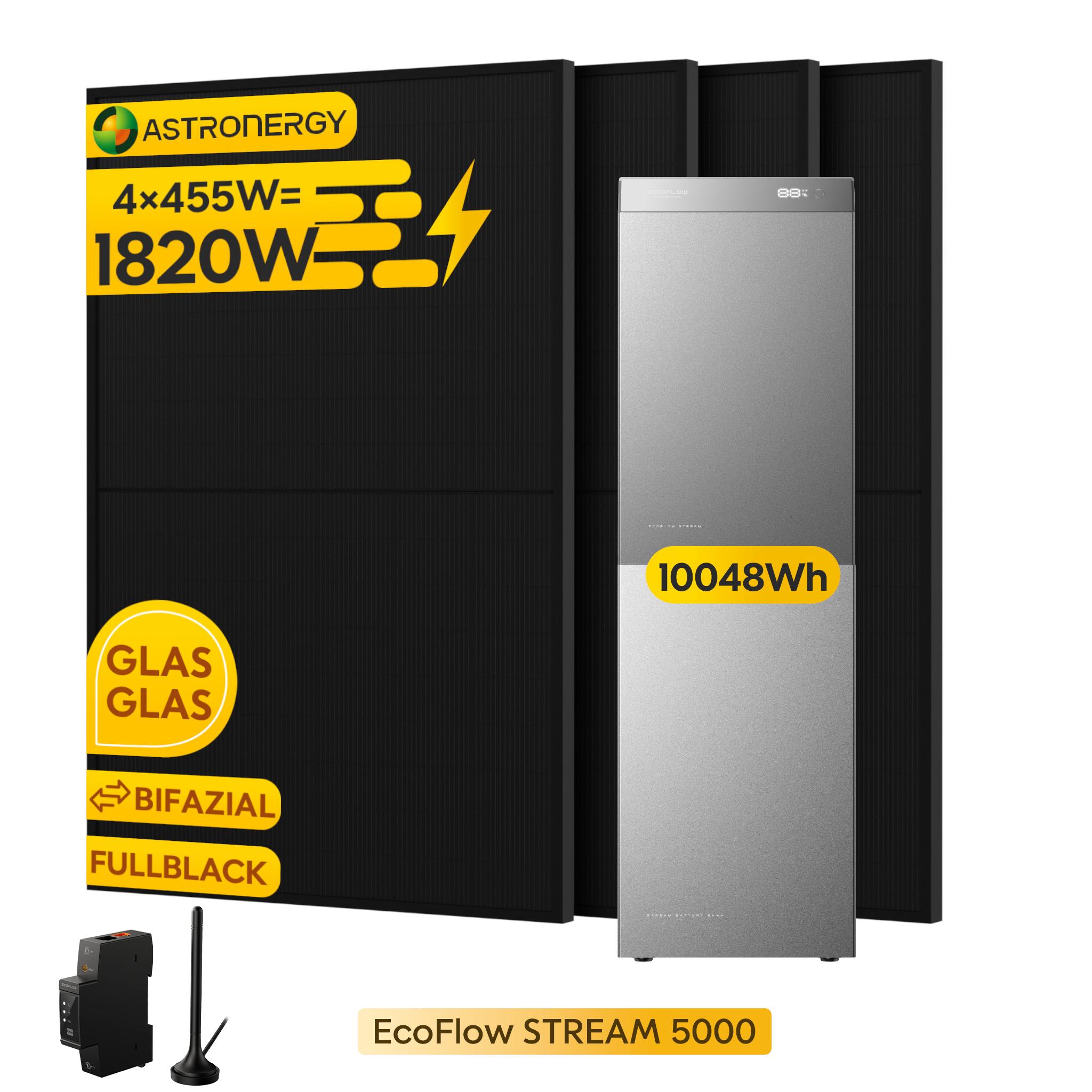 Powerness Balkonkraftwerk mit Speicher 10048Wh, EcoFlow Stream 5000 Speicher mit EB 5000 Zusatzbatterie, 4x 455Wp Solarmodule+Smart Meter