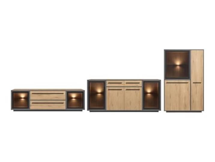 Wohnwand NARDO Wildeiche Lowboard, Sideboard & Highboard, LED-Beleuchtung Absetzung anthrazit, Braunglas, Softclose