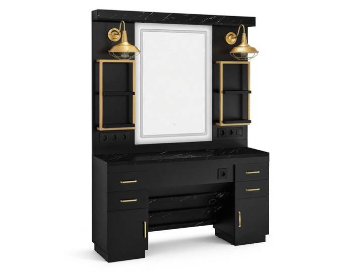 BarberPub Poste de coiffure avec 4 tiroirs coiffeuse avec miroir poste de service avec 4 étagères mobilier de coiffure 3187GBK