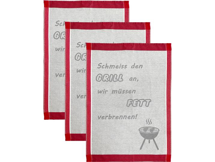 Geschirrtuch ROSS Schmeiss den Grill an, wir müssen Fett verbrennen , grau (grau, rot), B:50cm L:70cm, 100% Baumwolle, Geschirrtücher, Geschirrtuch, Sprüchetuch, aus 100% Baumwolle