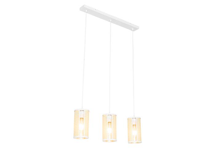 Suspension orientale blanche avec rotin 3 lumières oblongue -