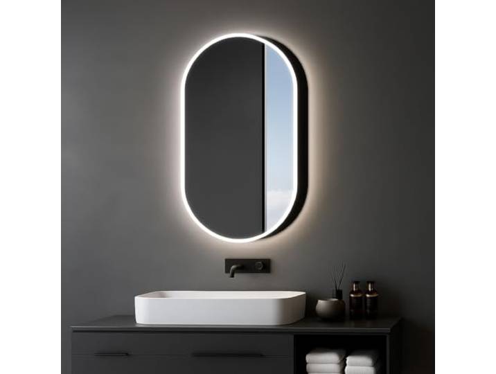LED Spiegelschrank 45x80 cm matt schwarz Aluminium umlaufende LED-Beleuchtung, Hintergrundlicht, Innenlicht doppelseitig verspiegelt, Soft-Close, Sensorsteuerung, höhenverstellbare Glasablagen IP44