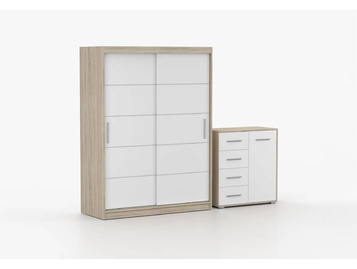 Schwebetürenschrank und Kommode 2-er Set VISTA 06/FRIDA MINI 01 Sonoma Eiche Weiß