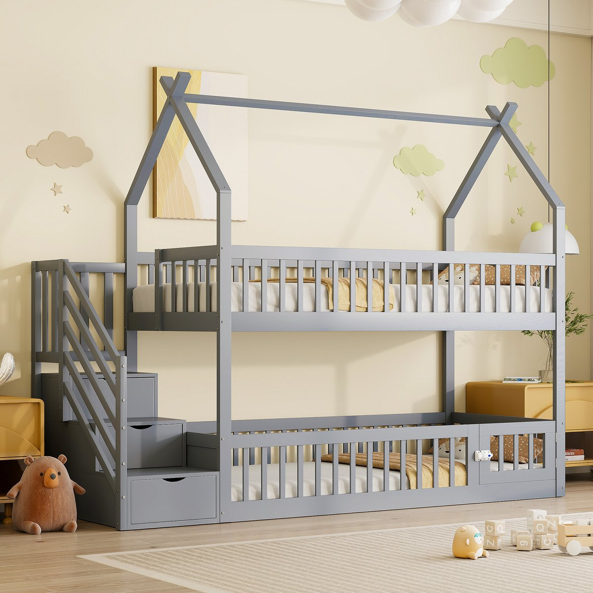 Kinderhoogbed met dak en veiligheidstrap in grijs - 90 x 200 cm - massief grenen frame met opberglades