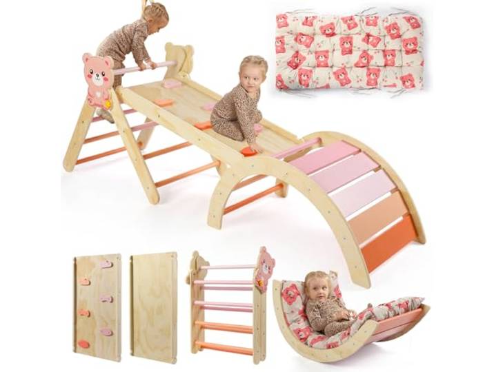 7-in-1 Montessori Kletterdreieck Set mit Rutsche, Kletterbogen & weichem Kissen – Holz Klettergerüst für Babys & Kleinkinder, Indoor Spielgerät, faltbar & sicher (Bärchen)