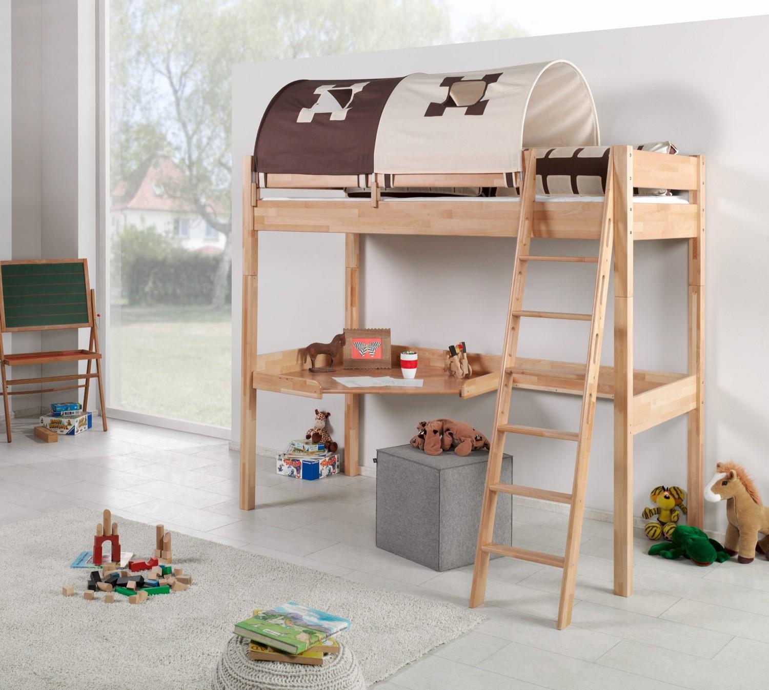 Hochbett Renate Buche Massiv Natur lackiert mit Schreibtisch und Textilset