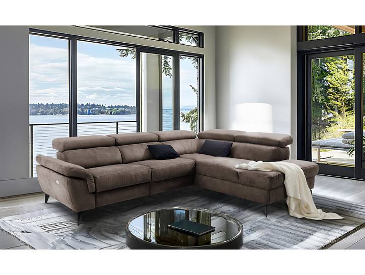 Ecksofa mit Ottomane Braun Microfaser Canay 265 x 73 x 210cm Ottomane davorstehend rechts Kopfstütze verstellbar/Armlehne