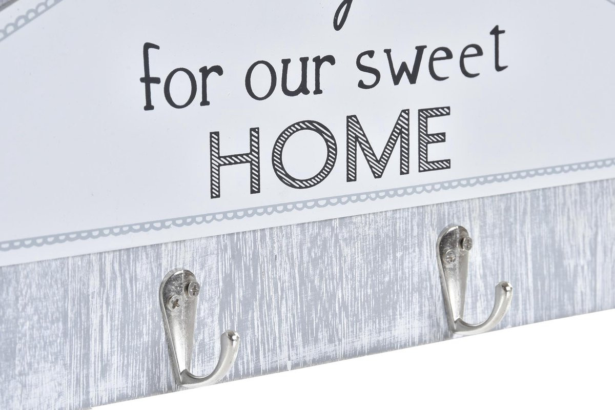 Sleutelrek Keys for our sweet home - Wit/Grijs - 4 zilveren haken - B/D/H: 39 x 4 x 19 cm