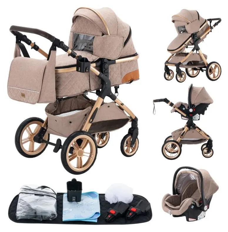Kinderwagen 3-in-1 - faltbar und verstellbar - mit leichtem Aluminiumrahmen - in Khaki-Farbe