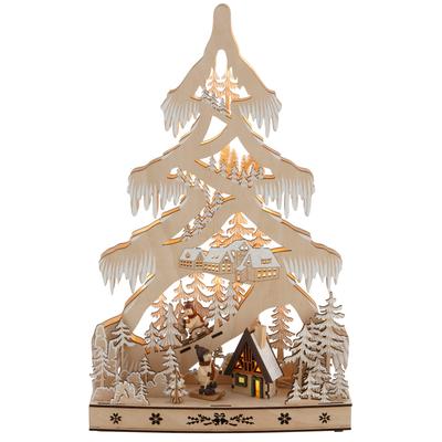 Dekobaum OTTO HOME "Schneelandschaft, LED Beleuchtung, Timerfunktion, 1 Stück", beige (natur, weiß, braun), B:29,5cm H:48cm T:9,5cm, Holzwerkstoff, Dekofiguren, mit Hütte und Skifahrern, Höhe ca. 48 cm