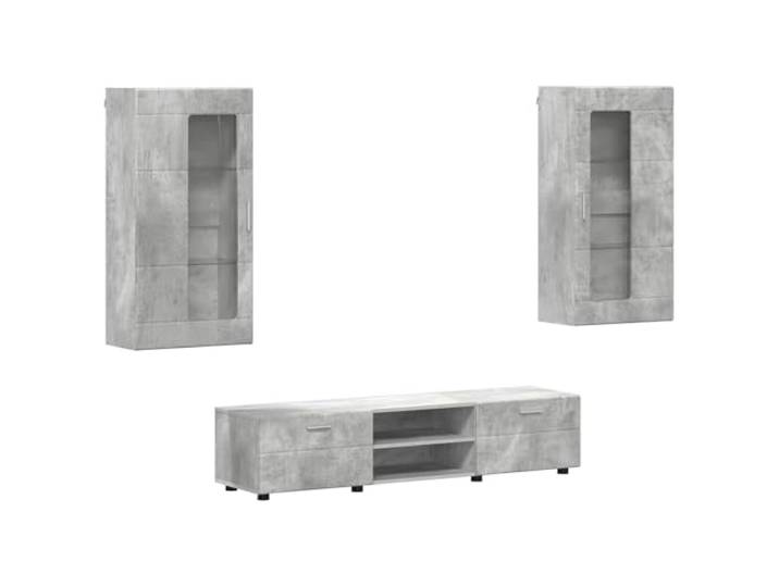 TV Schrank Modern 3 Teile Beton Grau Holzfadenmaterial, Matt Finish, Für Wohnzimmer, Leicht zu reinigen