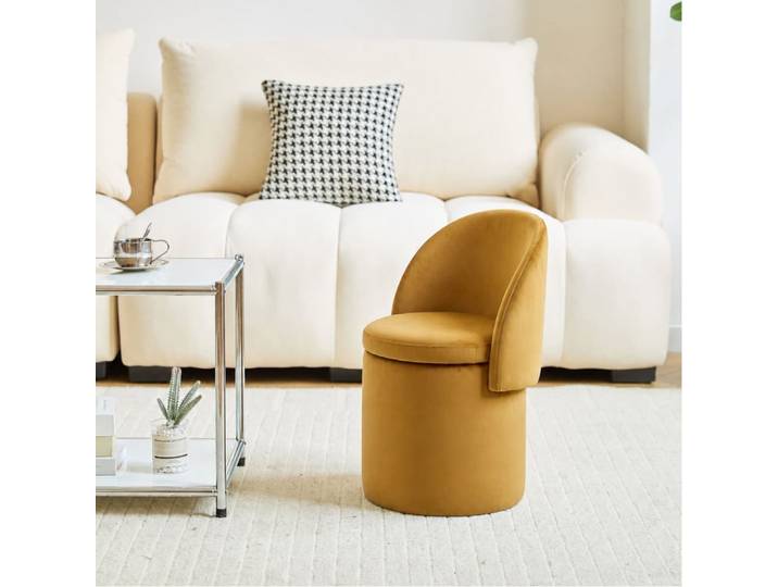 Pouf avec dossier et rangement en velours jaune moutarde