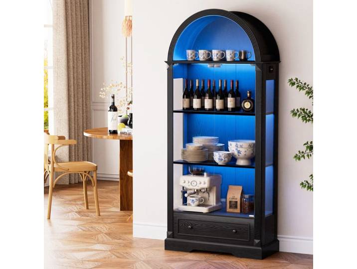 ULEVR Vitrine haute arquée noire 180 cm en MDF et verre portes en verre LED intégré et tiroir