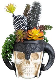 Nearly Natural 9-in Halloween Mixed Succulent Garden in Warrior Skull Planter