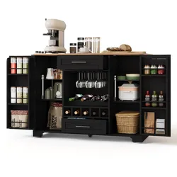 Küchenwagen 120x45/70x92cm Schwarz – Multifunktionale Kücheninsel auf Rollen mit erweiterbarer Arbeitsplatte und Stauraum