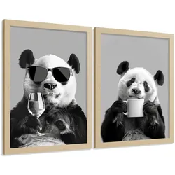 POSTER 2er Set Lustige Panda-Wandbilder Schwarz Weiß Tier Weinglas und Kaffeetasse Küche Wanddeko Rahmenlos A3